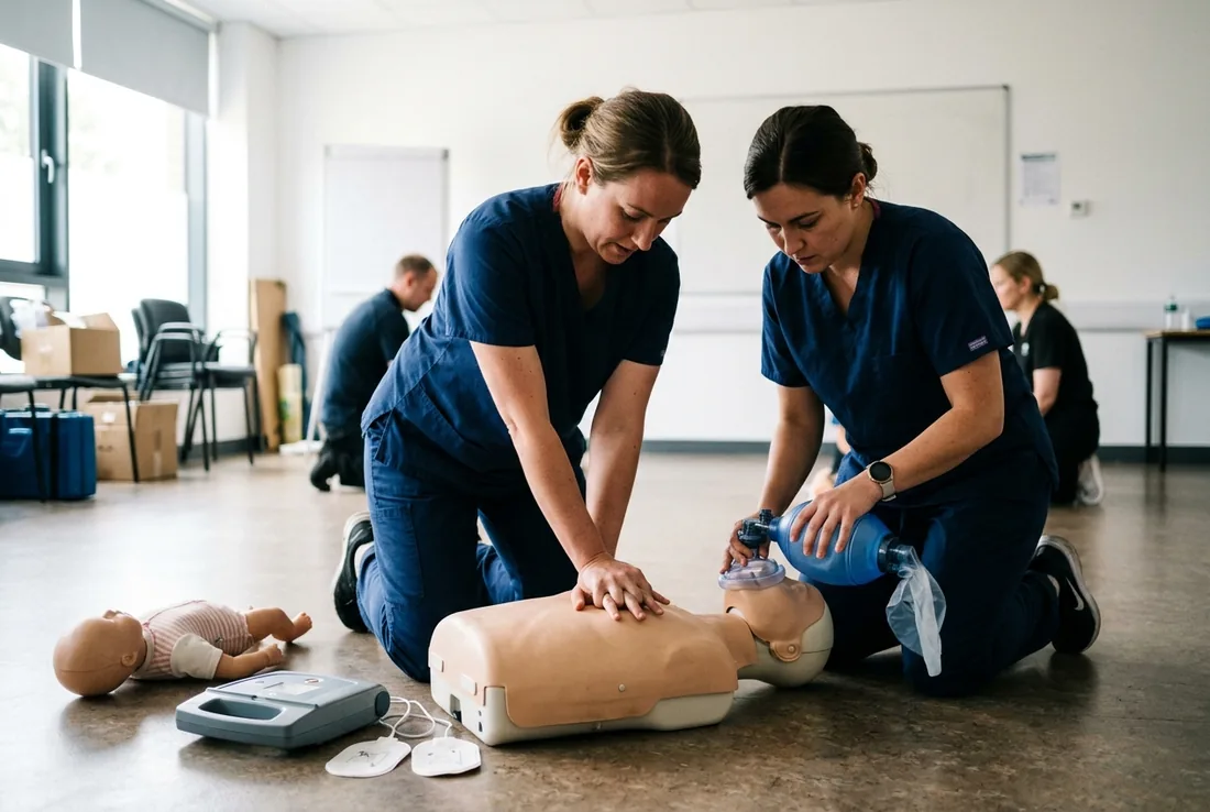 Two clinical staff in scrubs practicing team CPR on an adult manikin, one giving compressions while the other holds a bag-valve mask, with an infant manikin and AED trainer beside them