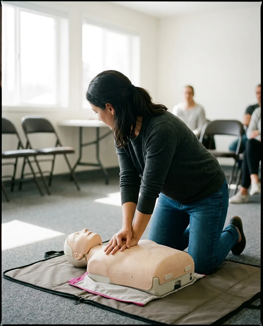 A CPR instructor kneeling beside a training manikin, demonstrating chest compressions to a class