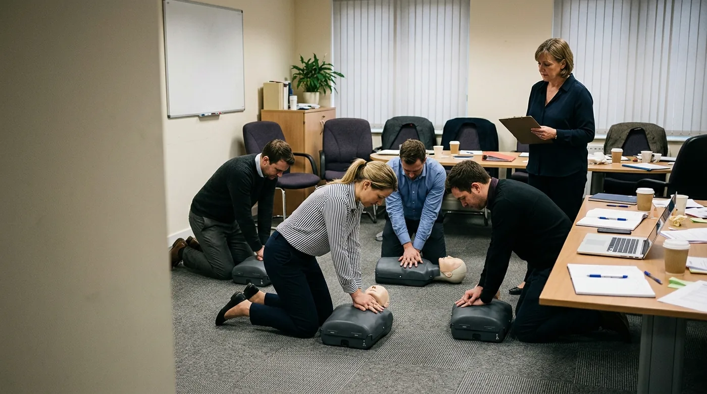 Colleagues in an office conference room kneeling around CPR manikins during a workplace training session